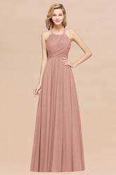 Halter Crisscross Pleated Bridesmaid Dresses Blue Chiffon Sleeveless Maid of Honor Dress